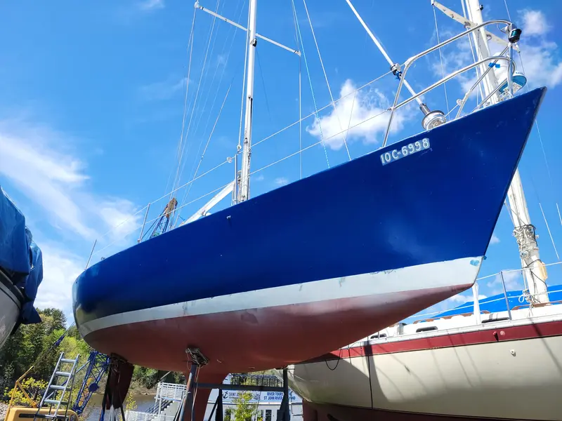 The blue bow of a sailboat hauled out on stands in a boatyard, licence number on the hull